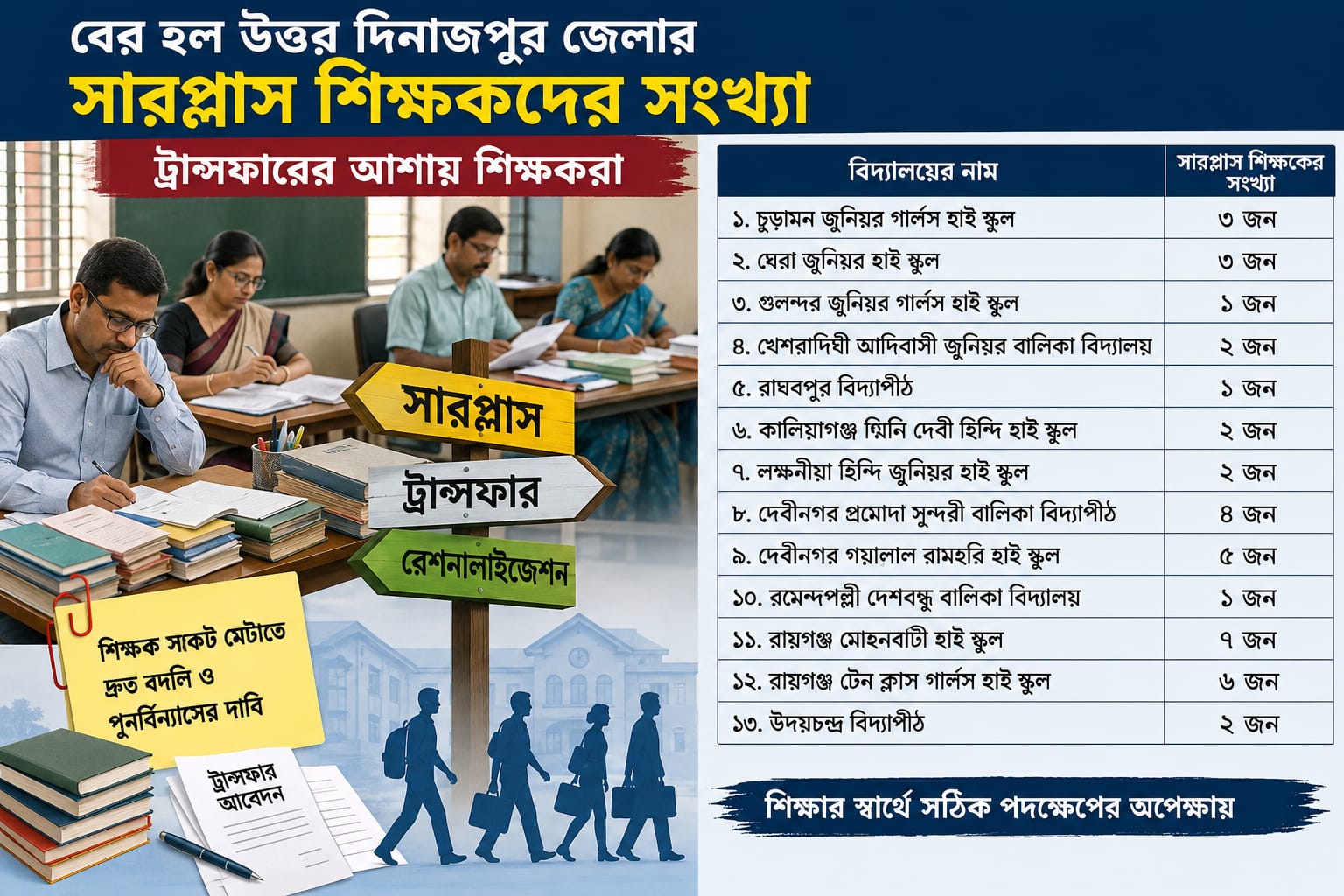 বের হল উত্তর দিনাজপুর জেলার সারপ্লাস শিক্ষকদের সংখ্যা, ট্রান্সফারের আশায় শিক্ষকেরা