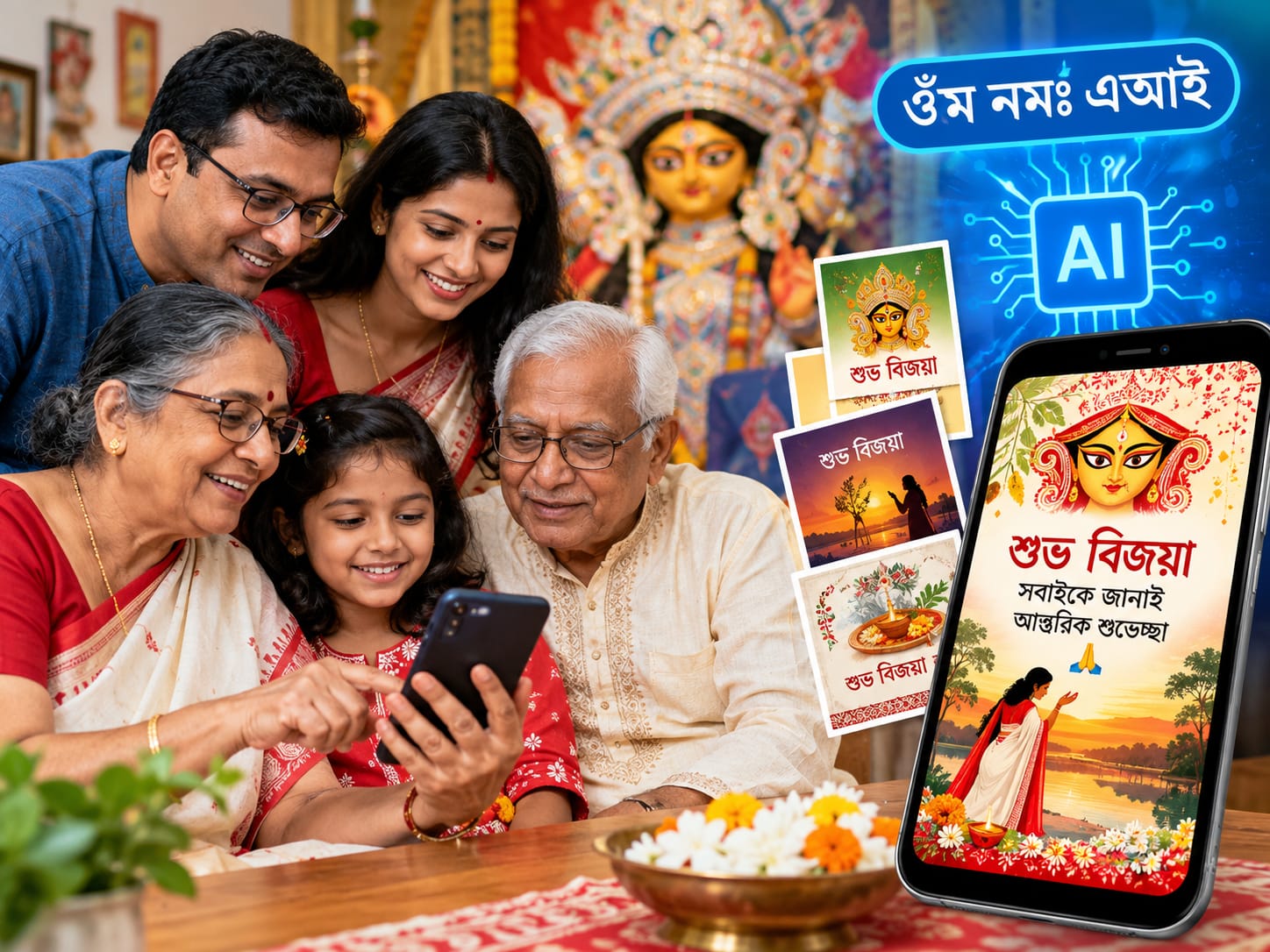 বিজয়ার শুভেচ্ছায় ‘ওঁম নমঃ এআই’, সাবেকিয়ানাকে টেক্কা আধুনিকতার
